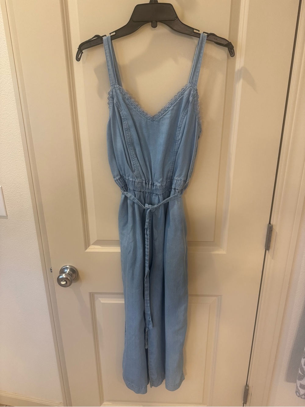 Maurices Light Blue Denim Jumpsuit with Tie Waist